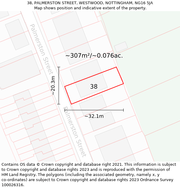 38, PALMERSTON STREET, WESTWOOD, NOTTINGHAM, NG16 5JA: Plot and title map