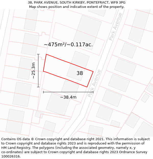 38, PARK AVENUE, SOUTH KIRKBY, PONTEFRACT, WF9 3PG: Plot and title map