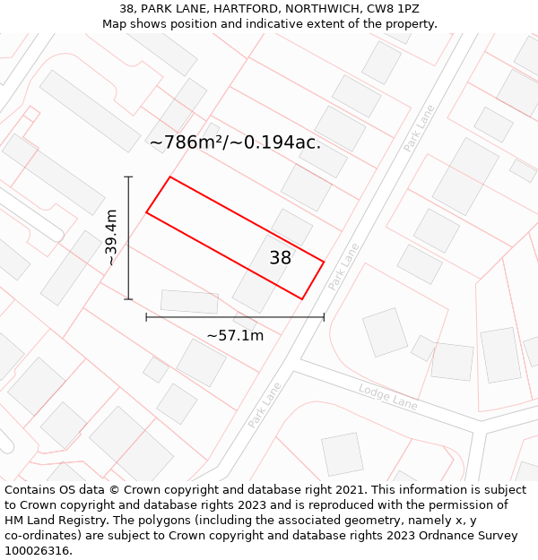 38, PARK LANE, HARTFORD, NORTHWICH, CW8 1PZ: Plot and title map