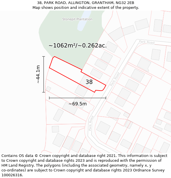 38, PARK ROAD, ALLINGTON, GRANTHAM, NG32 2EB: Plot and title map