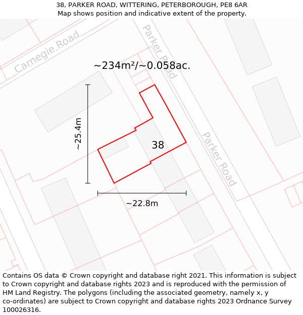 38, PARKER ROAD, WITTERING, PETERBOROUGH, PE8 6AR: Plot and title map