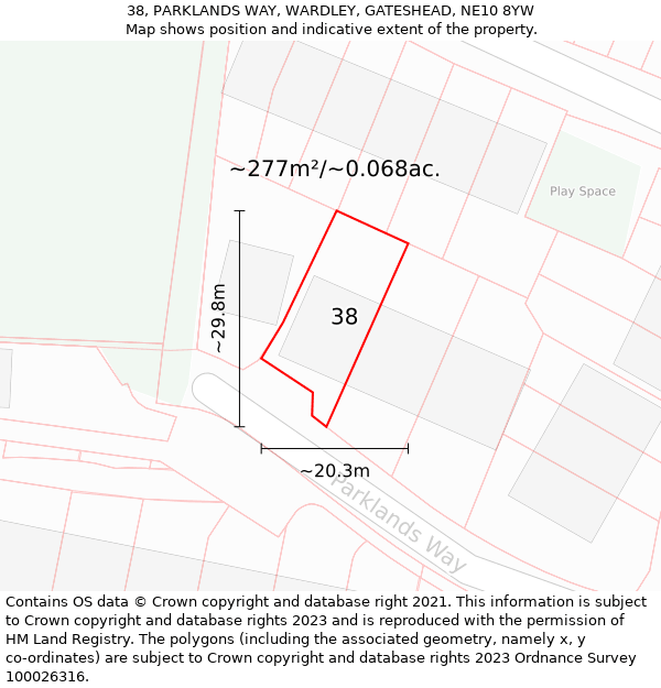 38, PARKLANDS WAY, WARDLEY, GATESHEAD, NE10 8YW: Plot and title map