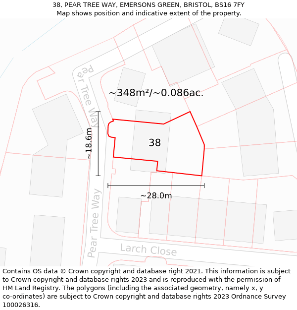 38, PEAR TREE WAY, EMERSONS GREEN, BRISTOL, BS16 7FY: Plot and title map