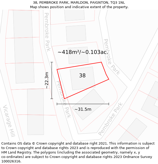 38, PEMBROKE PARK, MARLDON, PAIGNTON, TQ3 1NL: Plot and title map