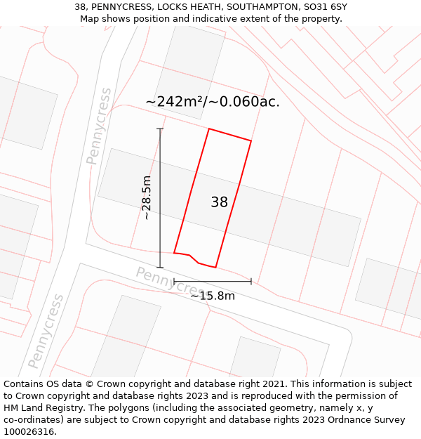 38, PENNYCRESS, LOCKS HEATH, SOUTHAMPTON, SO31 6SY: Plot and title map