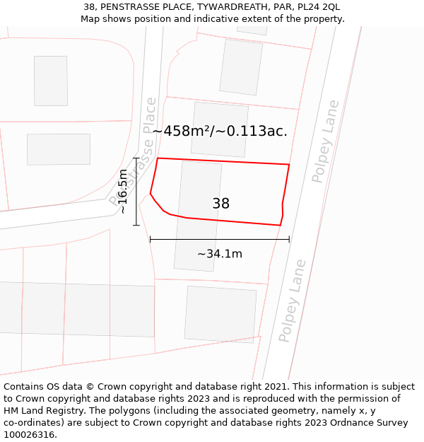 38, PENSTRASSE PLACE, TYWARDREATH, PAR, PL24 2QL: Plot and title map