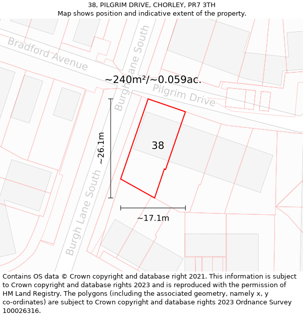 38, PILGRIM DRIVE, CHORLEY, PR7 3TH: Plot and title map