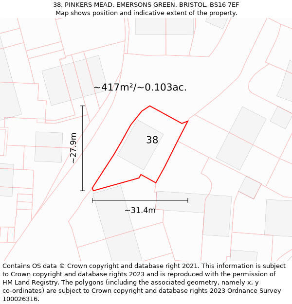 38, PINKERS MEAD, EMERSONS GREEN, BRISTOL, BS16 7EF: Plot and title map