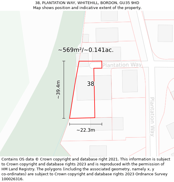 38, PLANTATION WAY, WHITEHILL, BORDON, GU35 9HD: Plot and title map