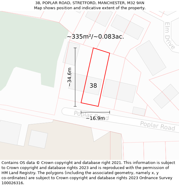 38, POPLAR ROAD, STRETFORD, MANCHESTER, M32 9AN: Plot and title map