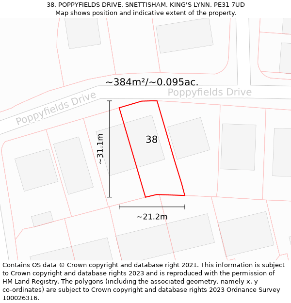 38, POPPYFIELDS DRIVE, SNETTISHAM, KING'S LYNN, PE31 7UD: Plot and title map