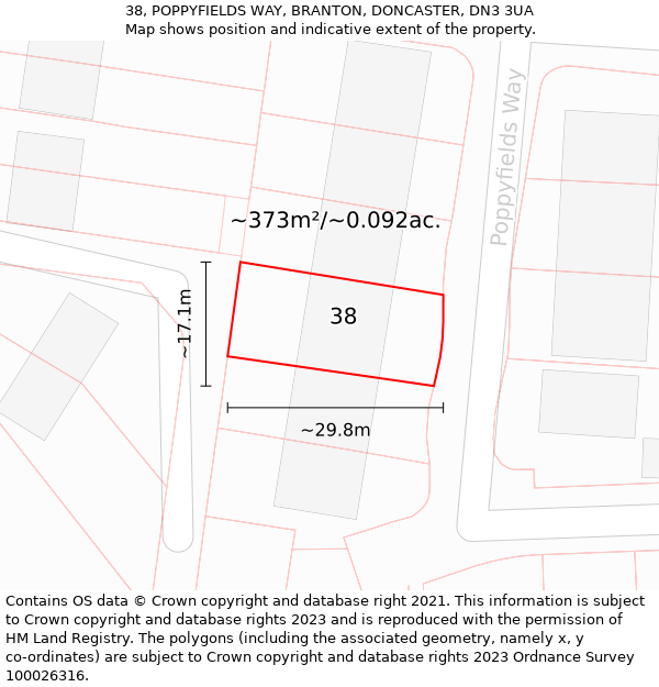 38, POPPYFIELDS WAY, BRANTON, DONCASTER, DN3 3UA: Plot and title map