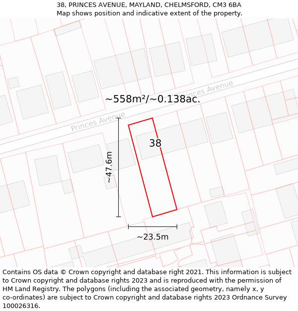38, PRINCES AVENUE, MAYLAND, CHELMSFORD, CM3 6BA: Plot and title map