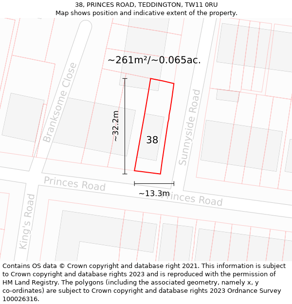 38, PRINCES ROAD, TEDDINGTON, TW11 0RU: Plot and title map