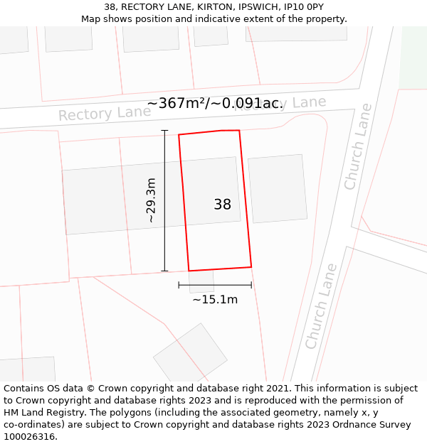 38, RECTORY LANE, KIRTON, IPSWICH, IP10 0PY: Plot and title map