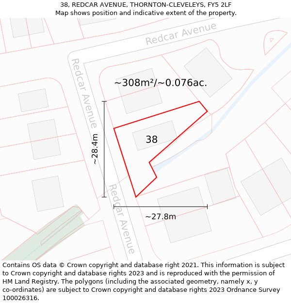 38, REDCAR AVENUE, THORNTON-CLEVELEYS, FY5 2LF: Plot and title map