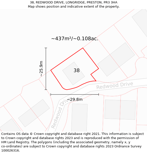 38, REDWOOD DRIVE, LONGRIDGE, PRESTON, PR3 3HA: Plot and title map