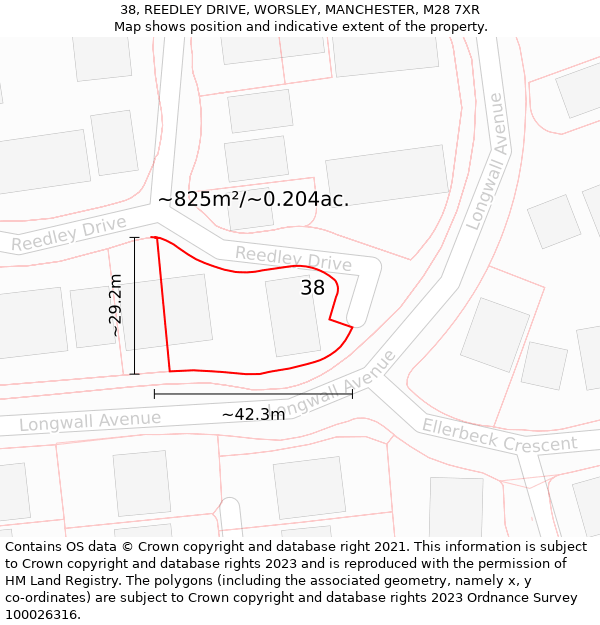 38, REEDLEY DRIVE, WORSLEY, MANCHESTER, M28 7XR: Plot and title map