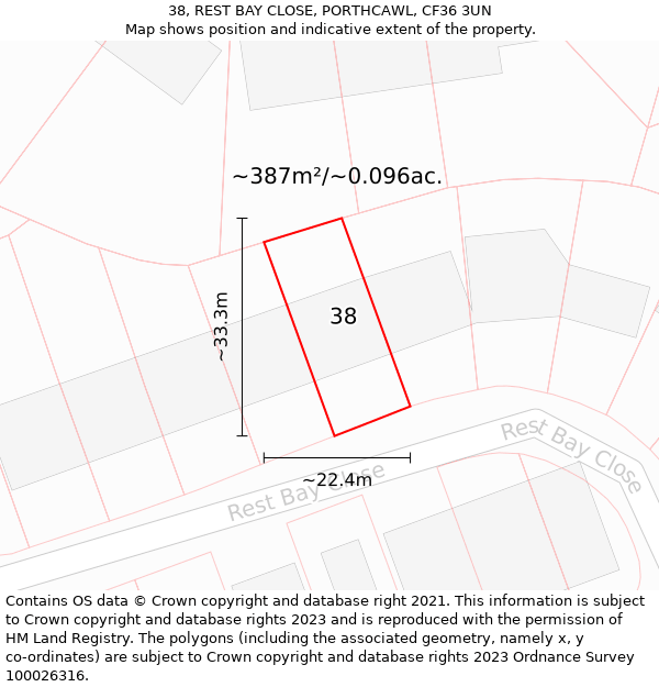 38, REST BAY CLOSE, PORTHCAWL, CF36 3UN: Plot and title map