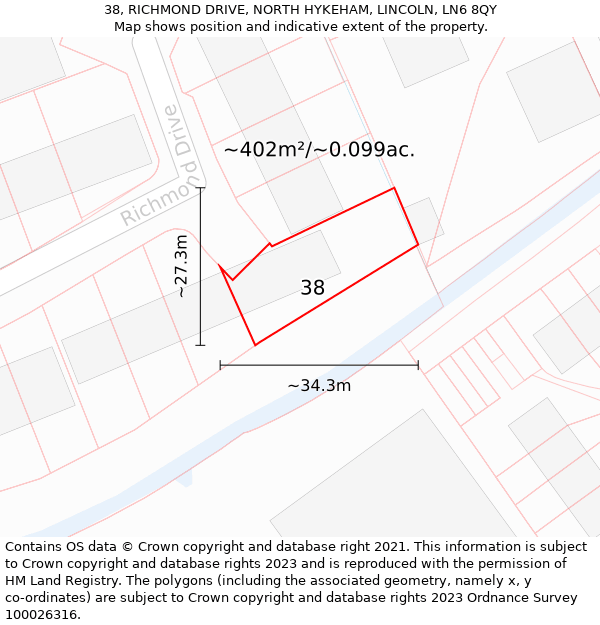 38, RICHMOND DRIVE, NORTH HYKEHAM, LINCOLN, LN6 8QY: Plot and title map