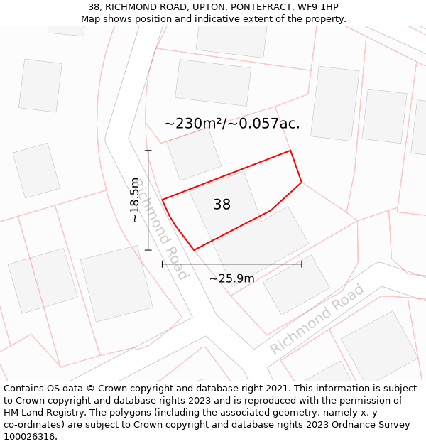 38, RICHMOND ROAD, UPTON, PONTEFRACT, WF9 1HP: Plot and title map