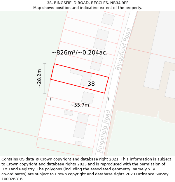 38, RINGSFIELD ROAD, BECCLES, NR34 9PF: Plot and title map
