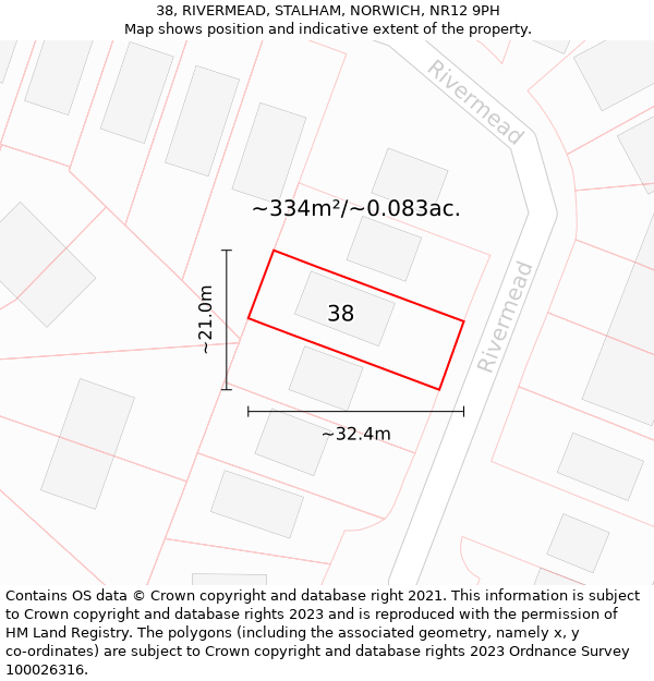 38, RIVERMEAD, STALHAM, NORWICH, NR12 9PH: Plot and title map