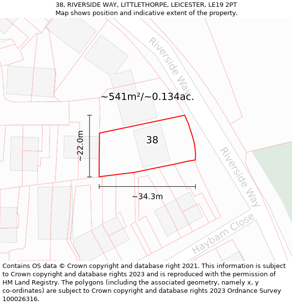 38, RIVERSIDE WAY, LITTLETHORPE, LEICESTER, LE19 2PT: Plot and title map
