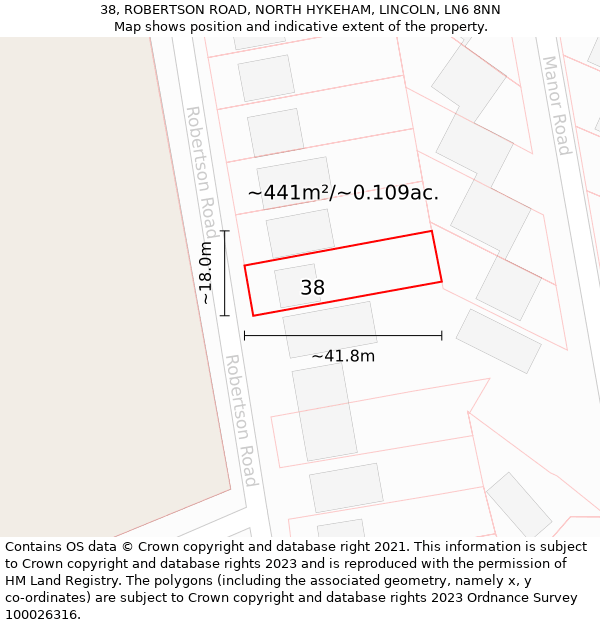 38, ROBERTSON ROAD, NORTH HYKEHAM, LINCOLN, LN6 8NN: Plot and title map