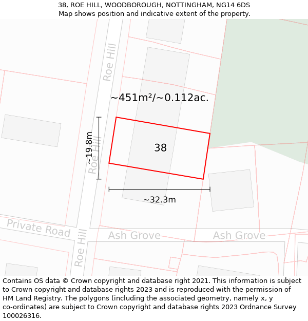 38, ROE HILL, WOODBOROUGH, NOTTINGHAM, NG14 6DS: Plot and title map