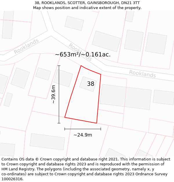 38, ROOKLANDS, SCOTTER, GAINSBOROUGH, DN21 3TT: Plot and title map