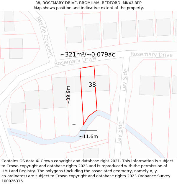 38, ROSEMARY DRIVE, BROMHAM, BEDFORD, MK43 8PP: Plot and title map