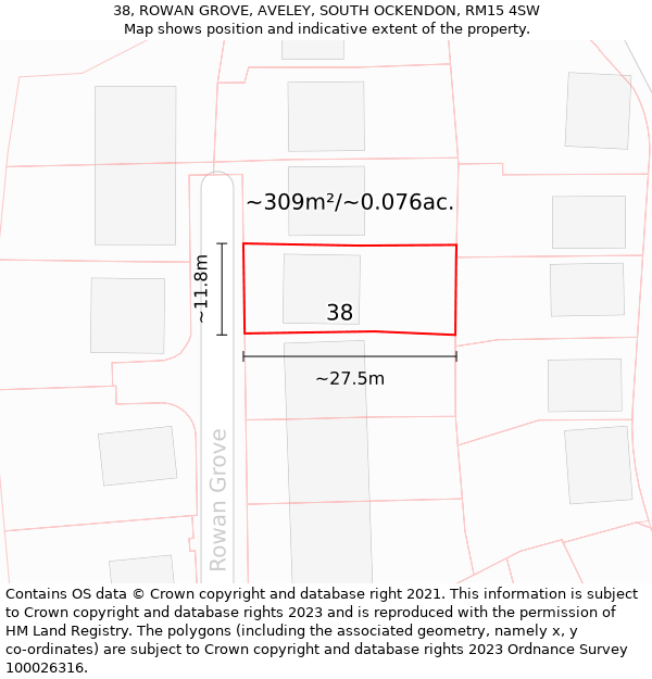 38, ROWAN GROVE, AVELEY, SOUTH OCKENDON, RM15 4SW: Plot and title map