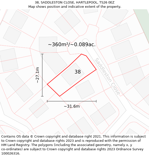 38, SADDLESTON CLOSE, HARTLEPOOL, TS26 0EZ: Plot and title map