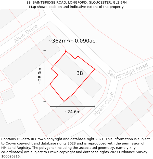 38, SAINTBRIDGE ROAD, LONGFORD, GLOUCESTER, GL2 9FN: Plot and title map