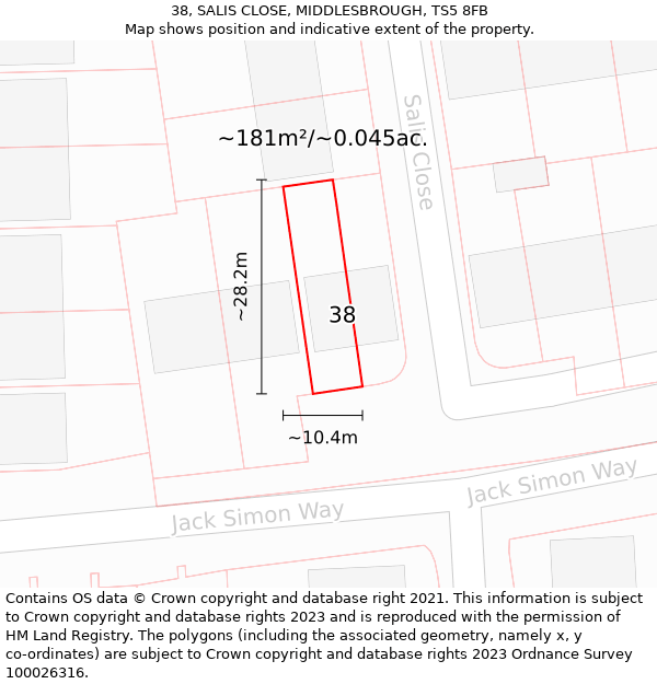 38, SALIS CLOSE, MIDDLESBROUGH, TS5 8FB: Plot and title map