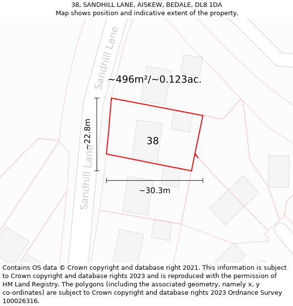 38, SANDHILL LANE, AISKEW, BEDALE, DL8 1DA: Plot and title map