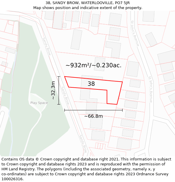 38, SANDY BROW, WATERLOOVILLE, PO7 5JR: Plot and title map