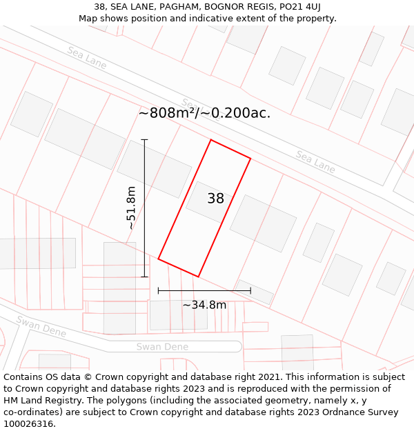 38, SEA LANE, PAGHAM, BOGNOR REGIS, PO21 4UJ: Plot and title map