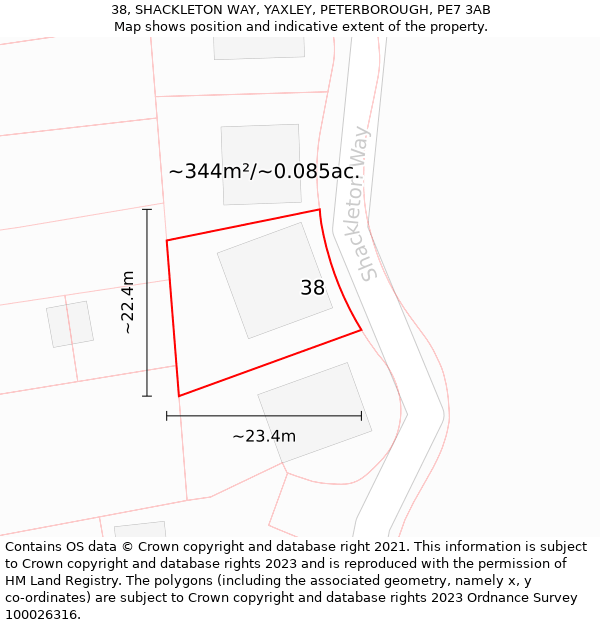 38, SHACKLETON WAY, YAXLEY, PETERBOROUGH, PE7 3AB: Plot and title map