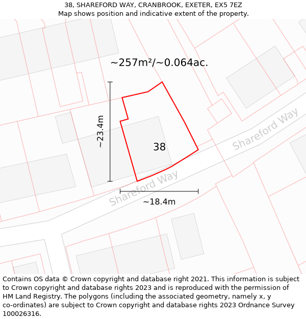 38, SHAREFORD WAY, CRANBROOK, EXETER, EX5 7EZ: Plot and title map