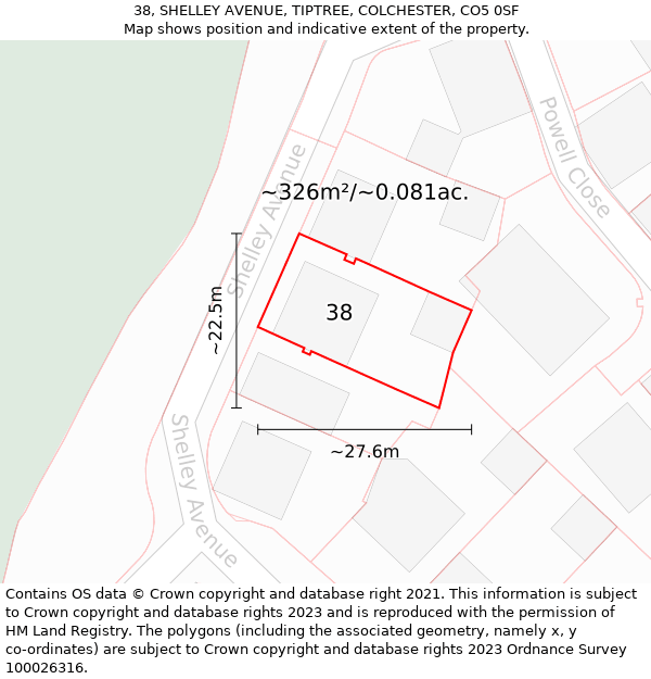 38, SHELLEY AVENUE, TIPTREE, COLCHESTER, CO5 0SF: Plot and title map