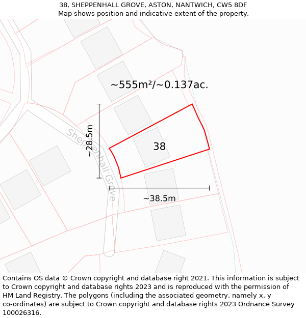 38, SHEPPENHALL GROVE, ASTON, NANTWICH, CW5 8DF: Plot and title map