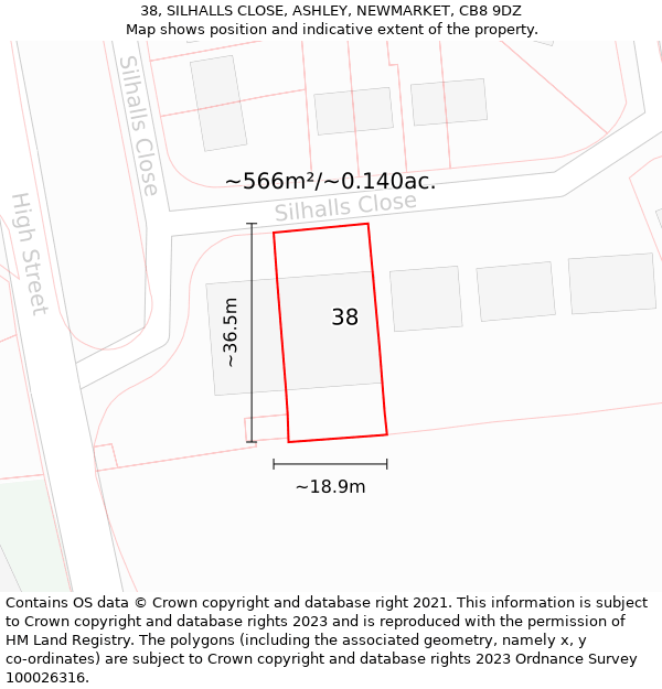 38, SILHALLS CLOSE, ASHLEY, NEWMARKET, CB8 9DZ: Plot and title map