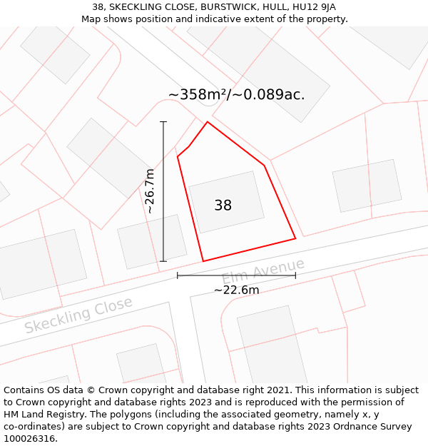 38, SKECKLING CLOSE, BURSTWICK, HULL, HU12 9JA: Plot and title map