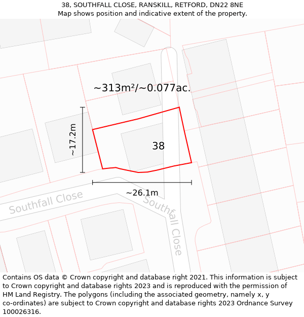 38, SOUTHFALL CLOSE, RANSKILL, RETFORD, DN22 8NE: Plot and title map