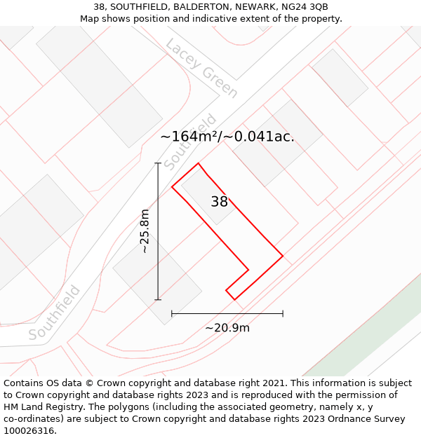 38, SOUTHFIELD, BALDERTON, NEWARK, NG24 3QB: Plot and title map