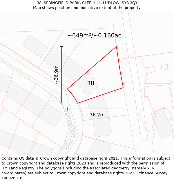 38, SPRINGFIELD PARK, CLEE HILL, LUDLOW, SY8 3QY: Plot and title map