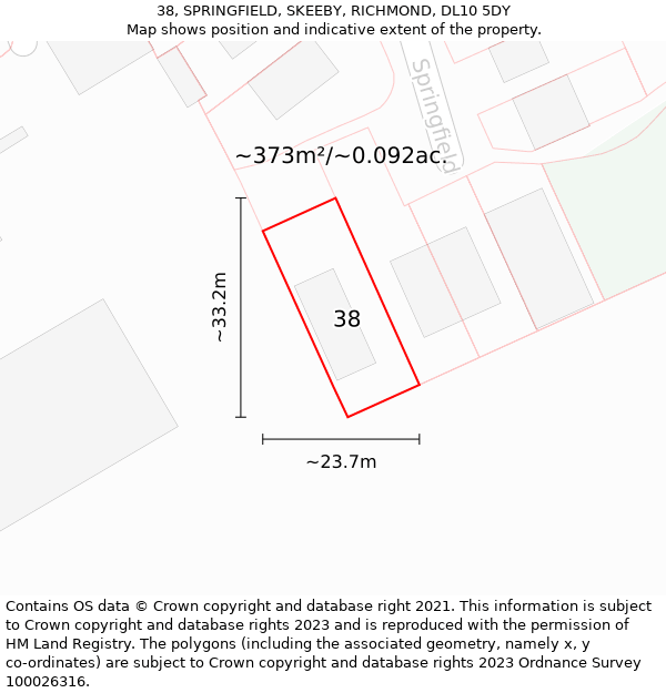 38, SPRINGFIELD, SKEEBY, RICHMOND, DL10 5DY: Plot and title map