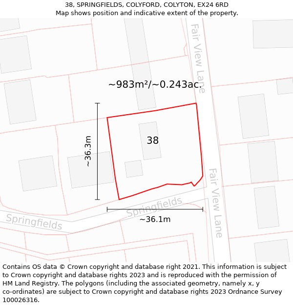 38, SPRINGFIELDS, COLYFORD, COLYTON, EX24 6RD: Plot and title map